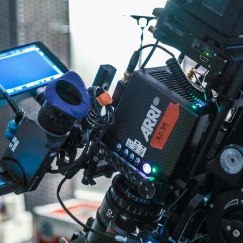 Alexa Mini EVF and 7-inch monitor setup on set.