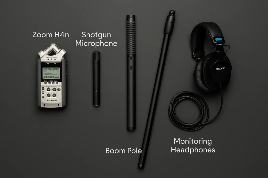 Flat-lay of essential audio equipment for filmmaking with Zoom recorder.