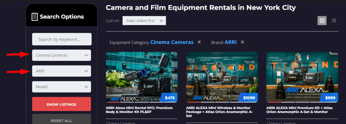 Camera Rentals NYC – Filtered Inventory Snapshot
