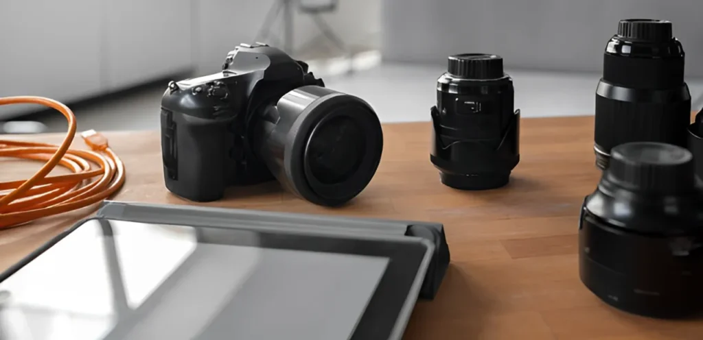 Camera gear on desk for inland marine insurance visuals