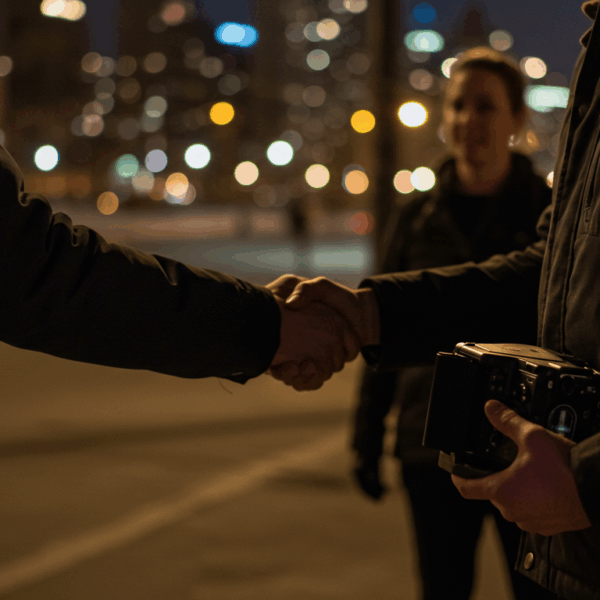 renting-film-equipment-prep-2 Two filmmakers shake hands during a nighttime camera rental return with NYC skyline blurred in background.