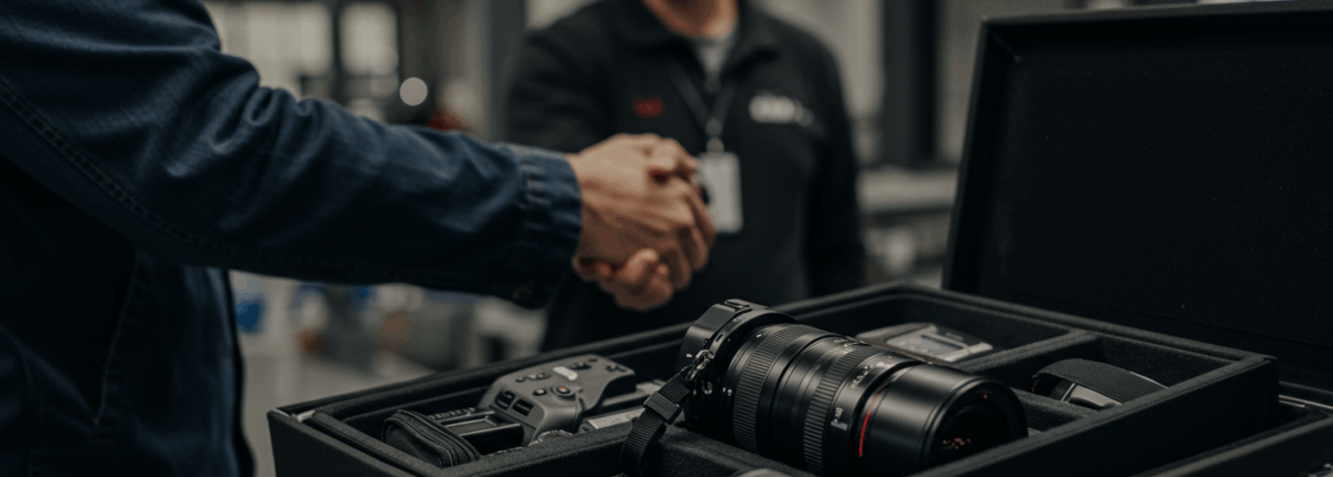 Professional videographer receives rented camera gear in a hard case during a secure hand-off.