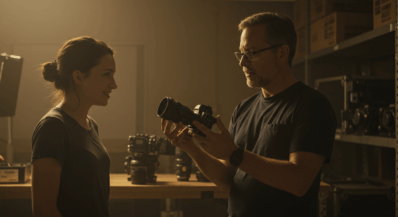 Rental technician and filmmaker inspect professional cinema camera lens under warm studio light.