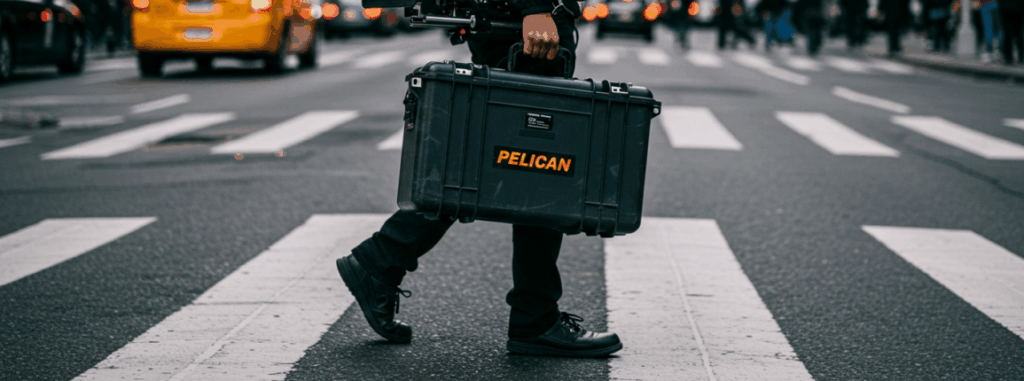 Cinematographer walks across Manhattan crosswalk carrying a Pelican case of rented film gear.