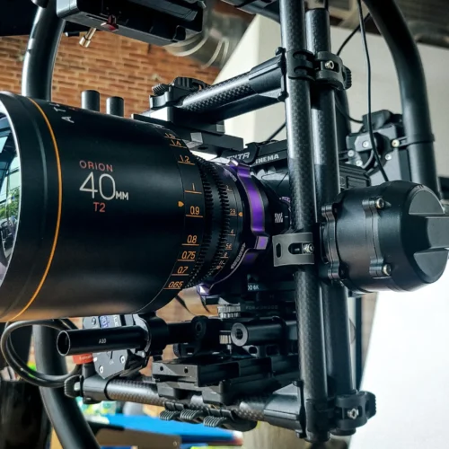 Front close-up of the Atlas Orion 40mm T2 2x Anamorphic lens on a camera rig.
